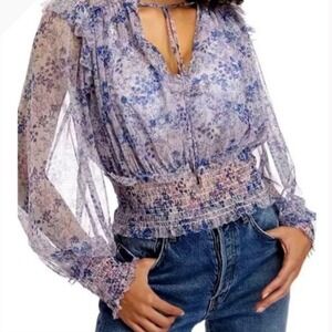 Free People Twyla Floral Sheer Smocked Puff Sleeve Blouse Lilac Boho Medium